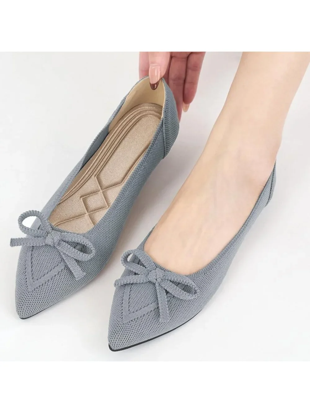 Women's Grey Ballet Flats Shoes Dressy Pointed Toe Bow Knit Flats Comfortable